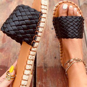Black & Tan Braided Vegan Leather Espadrilles Slides